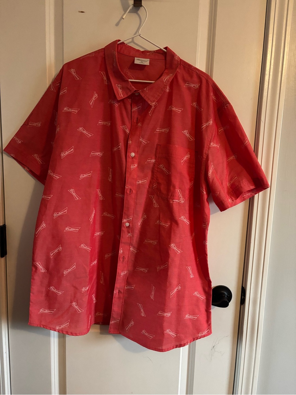 Budweiser Red Short-Sleeve Button-Down Shirt with Logo Print
